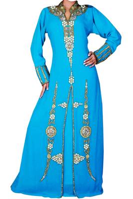 Blue Zari Stone Work Georgette Islamic Style Beads Embedded PartyWear Kaftan 1