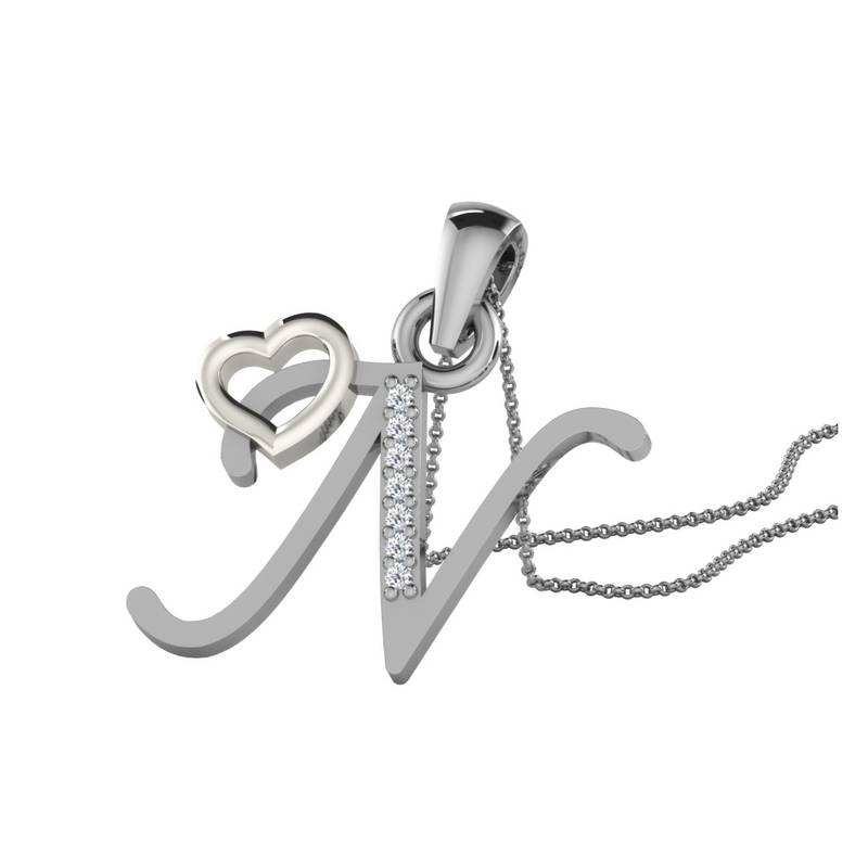 0.02ctsValentine Alphabet N With Heart Design Pendant in 9KT White Gold (GH Color, SI Clarity) with 16" Chain