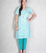 Sky blue embroidered cotton kurtas-and-kurtis