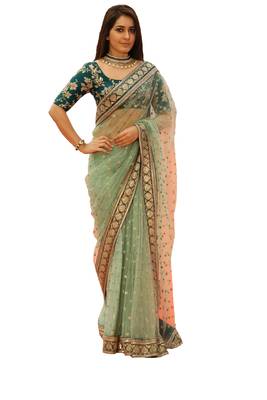 Light green embroidered nylon saree with blouse 1