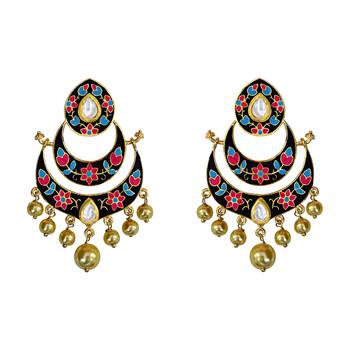 Meenakari Kundan Double Layer Gold Plated Brass Chaand Bali Jhumka Fashion Earring Set For Women 1