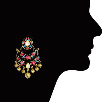 Meenakari Kundan Double Layer Gold Plated Brass Chaand Bali Jhumka Fashion Earring Set For Women 3