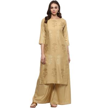 Chiku Colour straight polysilk Gold Foil Print Kurta & Palazzo Set 2