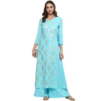 Sky Blue Colour Flared Crepe Gold Foil Print Kurta & Palazzo Set 1