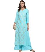 Sky Blue Colour Flared Crepe Gold Foil Print Kurta & Palazzo Set