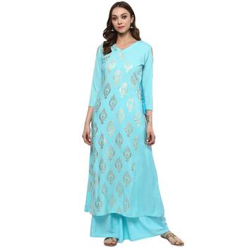 Sky Blue Colour Flared Crepe Gold Foil Print Kurta & Palazzo Set 2