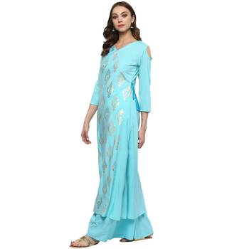 Sky Blue Colour Flared Crepe Gold Foil Print Kurta & Palazzo Set 4