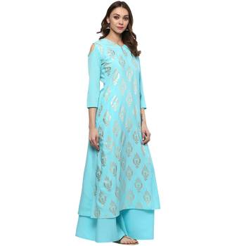Sky Blue Colour Flared Crepe Gold Foil Print Kurta & Palazzo Set 5