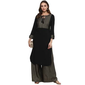 Black Colour Straight Crepe Gold Foil Print Kurta & Palazzo Set 1