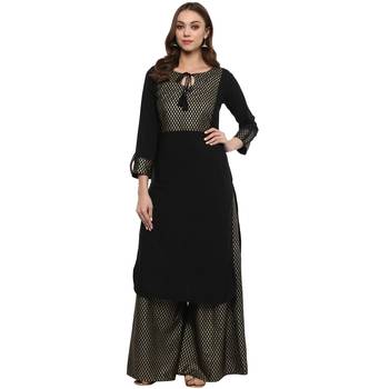 Black Colour Straight Crepe Gold Foil Print Kurta & Palazzo Set 2
