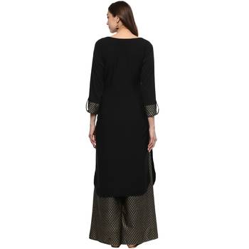 Black Colour Straight Crepe Gold Foil Print Kurta & Palazzo Set 3