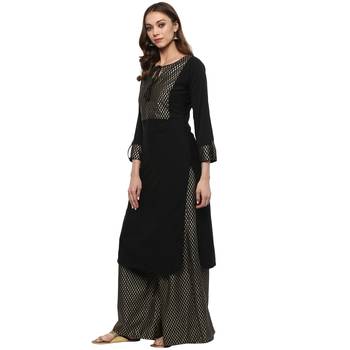 Black Colour Straight Crepe Gold Foil Print Kurta & Palazzo Set 4