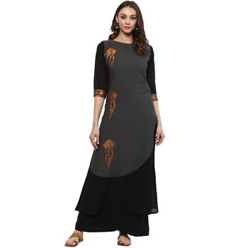 Grey Colour Flared Crepe Kurta & Palazzo Set 2