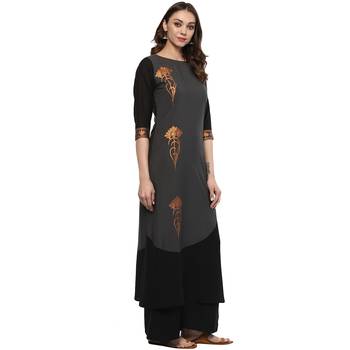 Grey Colour Flared Crepe Kurta & Palazzo Set 5