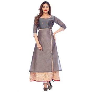 Grey  printed chanderi stitched kurti 1