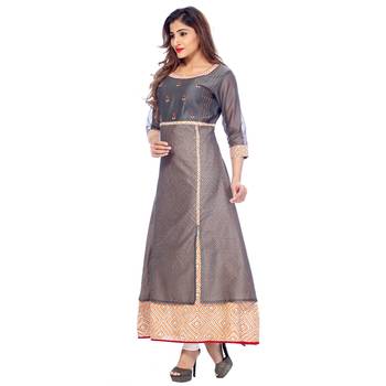 Grey  printed chanderi stitched kurti 4