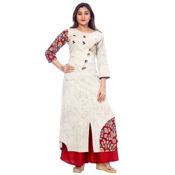 Beige printed cotton stitched kurti 1
