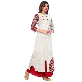 Beige printed cotton stitched kurti 3