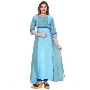 Sky blue embroidered cotton stitched kurti 1