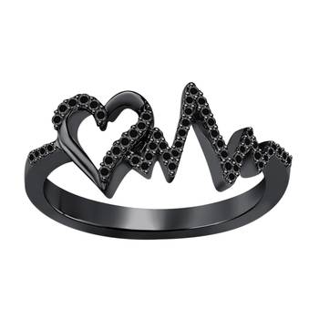Lovely Heartbeat Engagement Wedding Ring 0.50 ct tw Created Black CZ Diamond 14K Black Gold Over .925 Sterling Silver 1