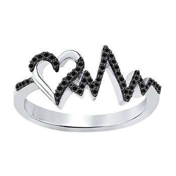 Lovely Heartbeat Engagement Wedding Ring 0.50 ct tw Created Black CZ Diamond .925 Sterling Silver 1