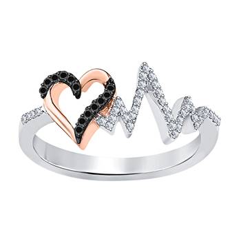 Two Tone Heartbeat Engagement Wedding Ring 0.50 ct tw Created Black CZ Diamond & White 14k Rose Gold Over 1