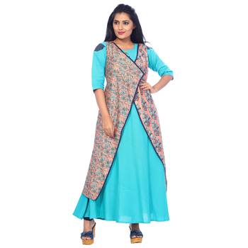 Blue printed cotton stitched kurti 1