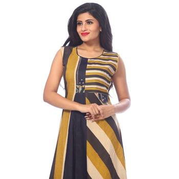 Yellow printed cotton stitched kurtis 5