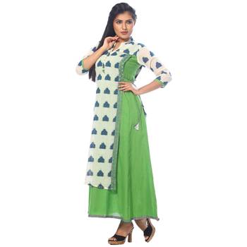 Green printed chanderi stitched kurtis 4