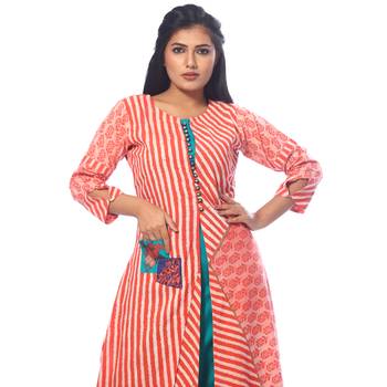 Peach printed cotton kurtas-and-kurtis 5