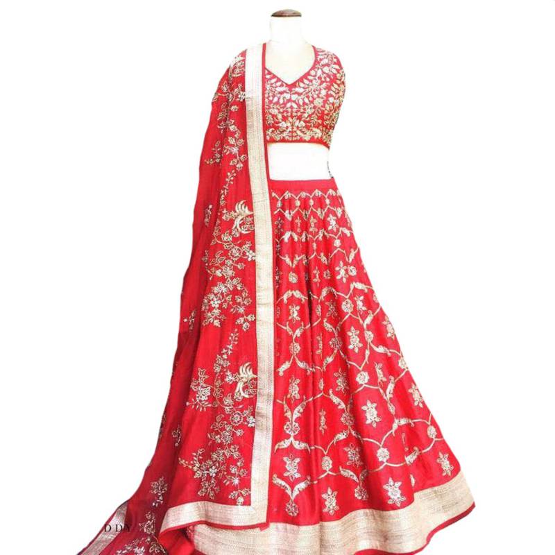 red art silk embroidered lehenga with dupatta