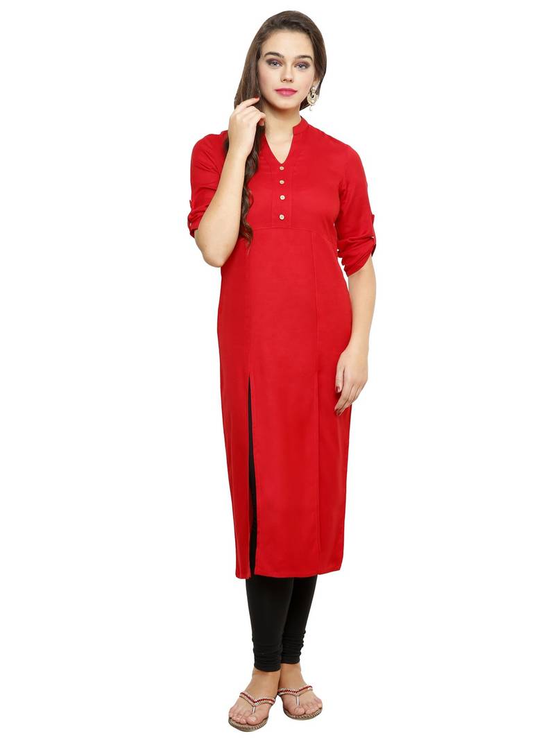 Red plain rayon stitched kurti