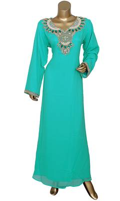 Mint green embroidered crystal embellished chiffon kaftan 1