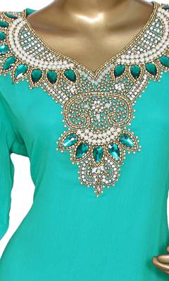 Mint green embroidered crystal embellished chiffon kaftan 3