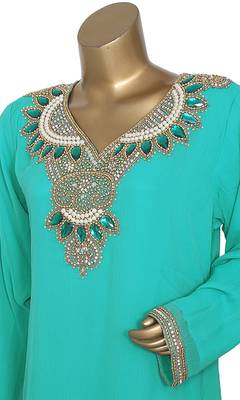 Mint green embroidered crystal embellished chiffon kaftan 4