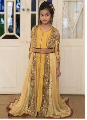 Beige And Golden Yellow Moroccan Style Kids Kaftan 1