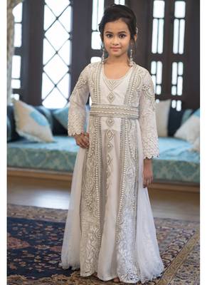 Designer Handmade White Arabic Moroccan Long Sleeve Kaftan For Kids 1