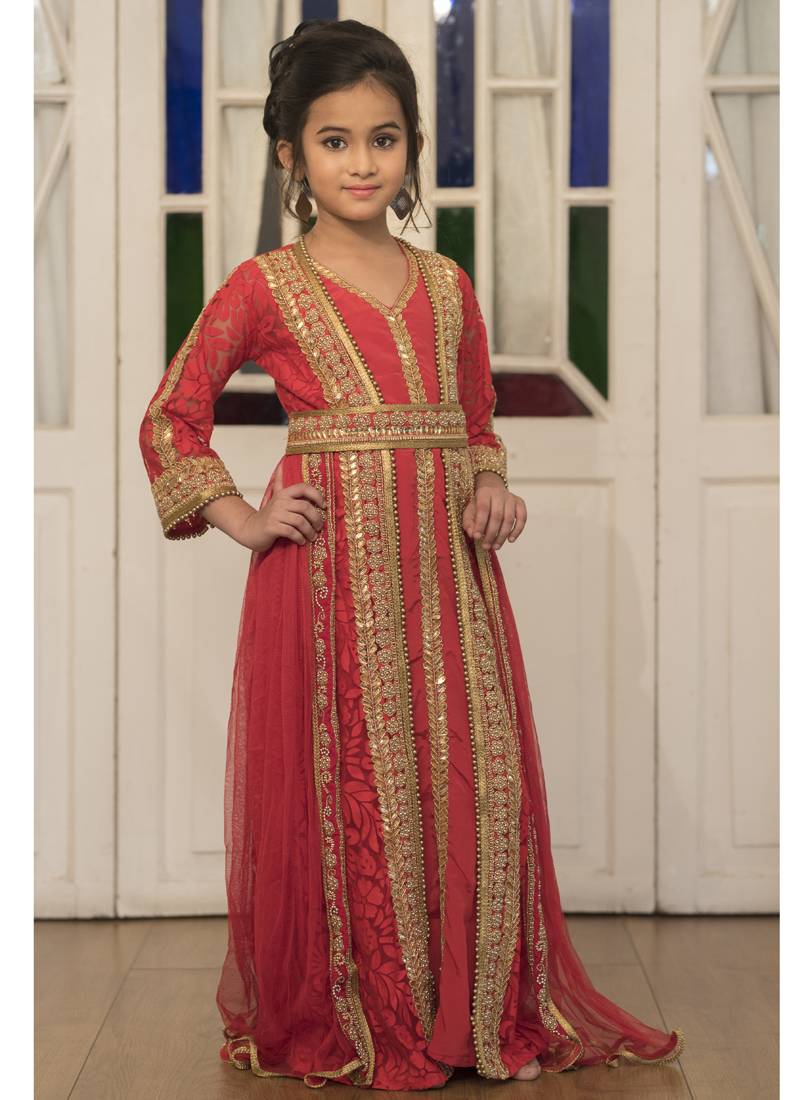 Red Moroccan Style Dress With Gold Handwork Kaftan