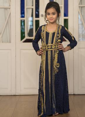 Blue Party Wear Full Sleeve Gold Beading Kaftan 1