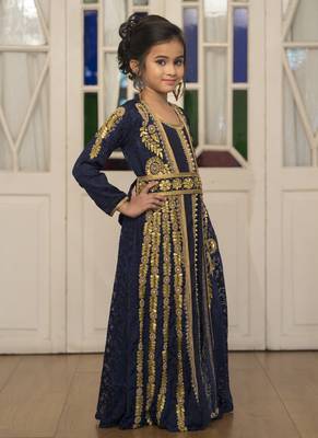 Blue Party Wear Full Sleeve Gold Beading Kaftan 3