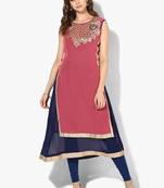 Zoeyams womens pink & blue georgette gota embroidery double layer long anarkali kurti
