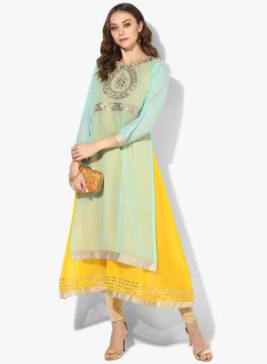 Zoeyams womens light firozi & yellow georgette gota embroidery double layer long anarkali kurti 1