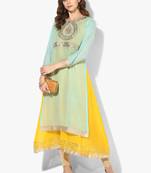 Zoeyams womens light firozi & yellow georgette gota embroidery double layer long anarkali kurti