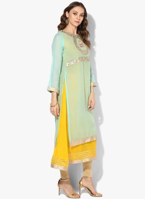 Zoeyams womens light firozi & yellow georgette gota embroidery double layer long anarkali kurti 2