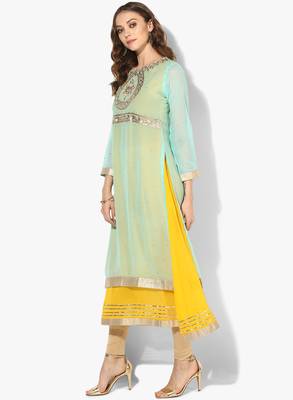 Zoeyams womens light firozi & yellow georgette gota embroidery double layer long anarkali kurti 3