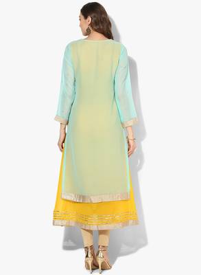 Zoeyams womens light firozi & yellow georgette gota embroidery double layer long anarkali kurti 4
