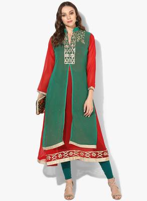 Zoeyams womens green & red georgette gota embroidery double layer long anarkali kurti 1
