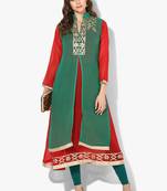 Zoeyams womens green & red georgette gota embroidery double layer long anarkali kurti