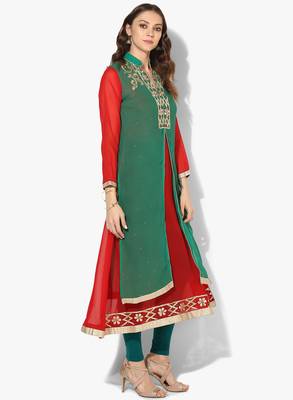 Zoeyams womens green & red georgette gota embroidery double layer long anarkali kurti 2