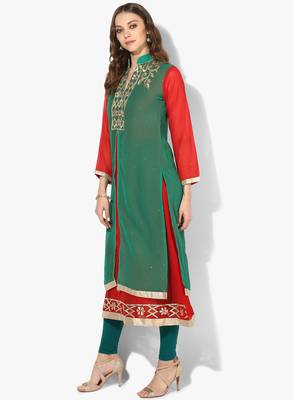 Zoeyams womens green & red georgette gota embroidery double layer long anarkali kurti 3